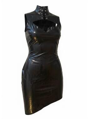 Dress Skin Two 100% Latex Black Mini Cutout High Neck Lace Up Eyelet M